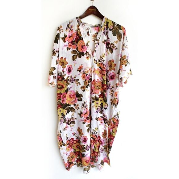 Neem Living Kaftan Coverup White Floral Print Size Medium Large - Picture 1 of 8